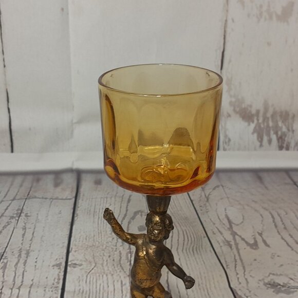 Putti Cherub Angel Votive Candle Holder Cast Metal Amber Glass Bowl 8" - Picture 5 of 13